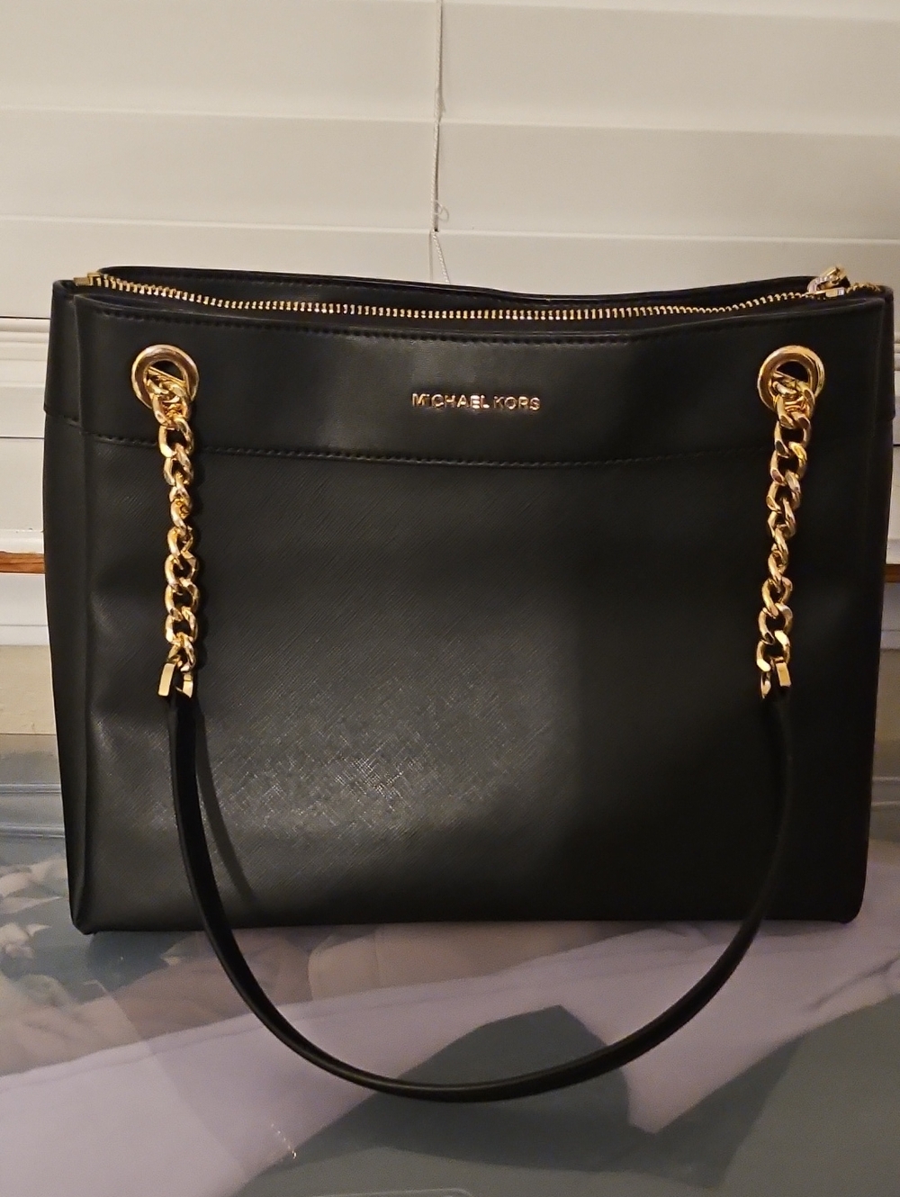 Michael Kors Black Leather Tote with Gold Chain Straps